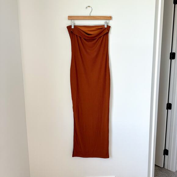 Prettygarden Strapless Ribbed Side Slit Bodycon Maxi Dress Brown S NWT - Picture 3 of 11